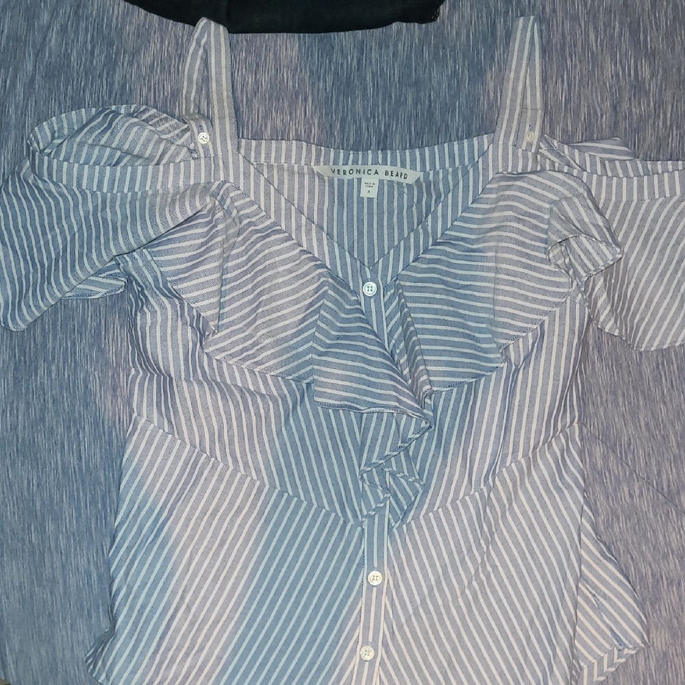 Veronica Beard Blue and White Striped Cold Shoulder Style Blouse